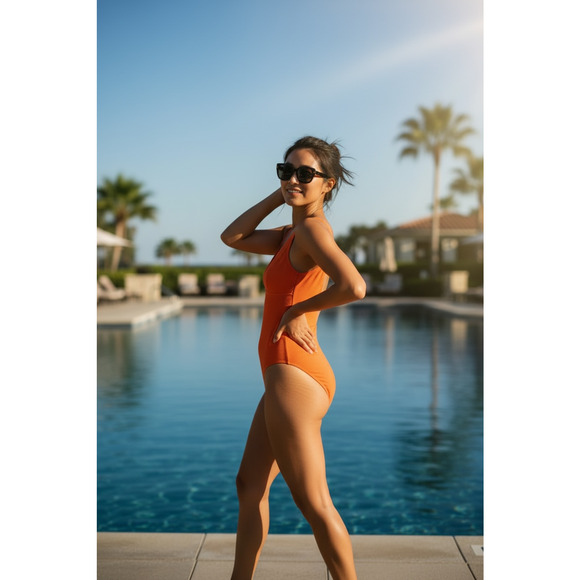 Kate Spade Scalloped One Piece Swimsuit Orange Textured Padded Size M Summer - Picture 6 of 9